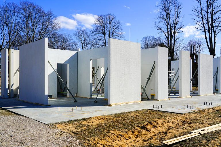 Prefabricated concrete wall panels assembled at residential construction site